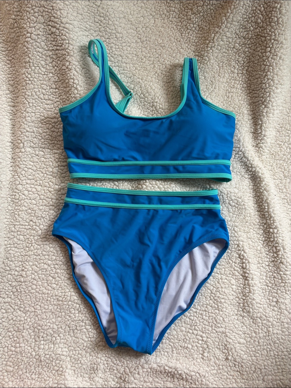 High-Rise Teal-Trim Blue Bikini Set for Women
